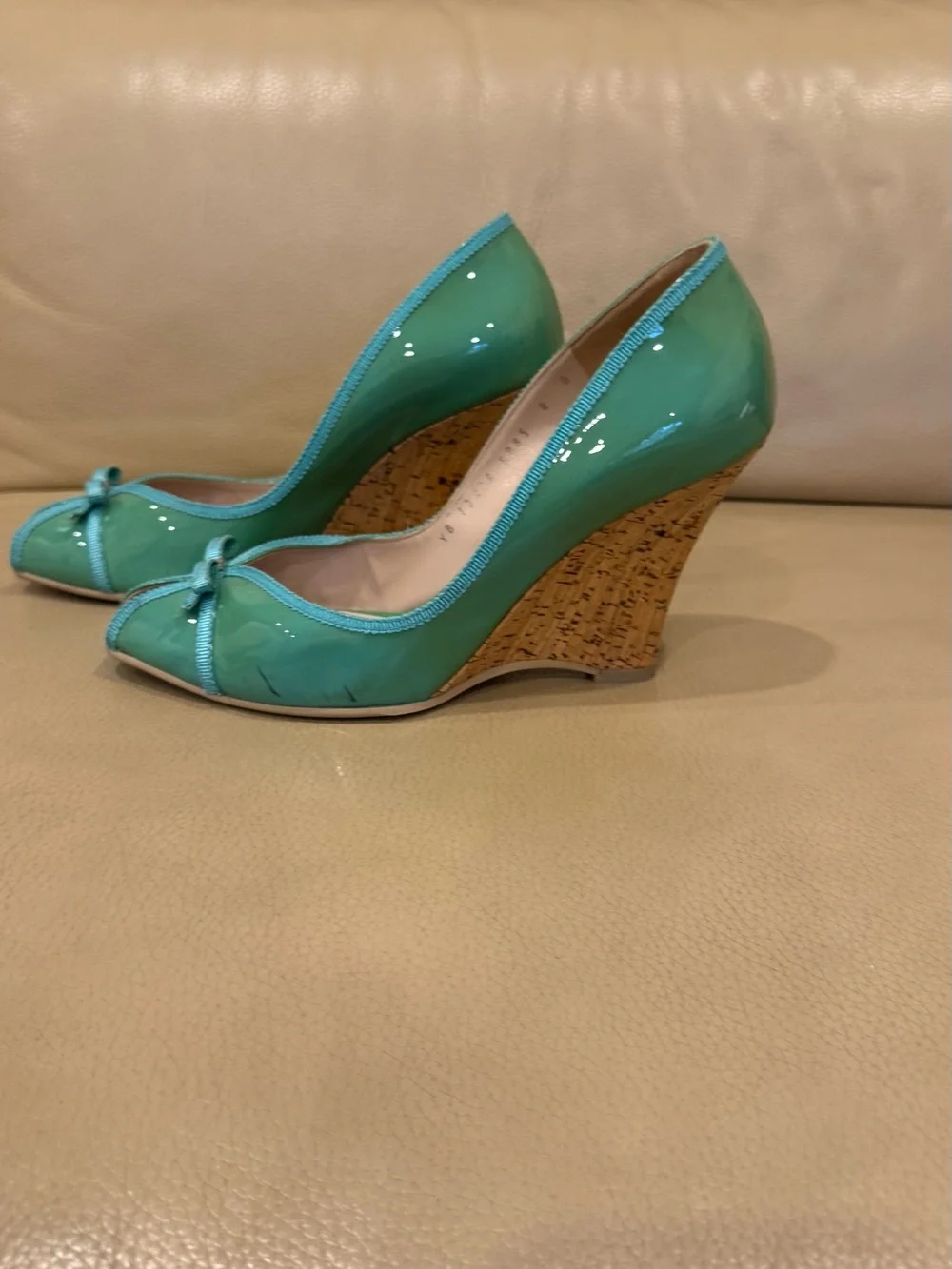 Salvatore Ferragamo Mint Green Patent Peep-Toe Pumps with Bow Accent